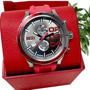 NWT DIESEL Double Down 2.0 Chronograph Red Silicone Watch DZ4613